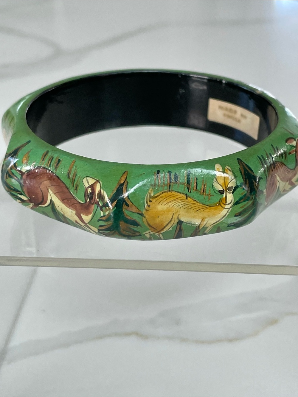 Vintage Hand Painted Folk Art Forest Animals Faceted Wood Laquer Bangle